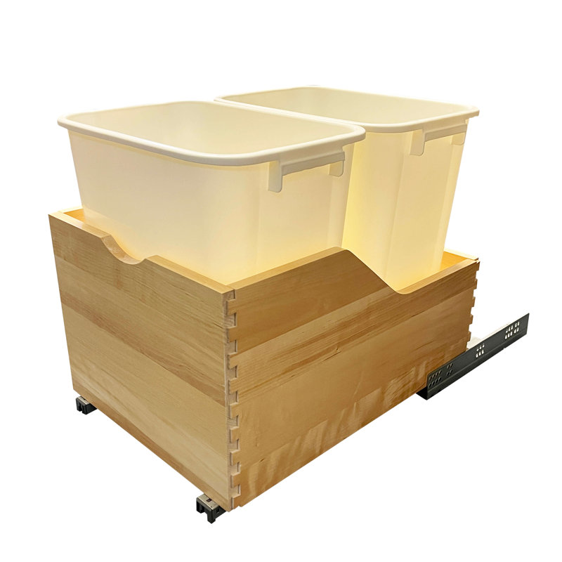 45 Quart Double Bins, Bottom Mount Soft Close Pull Out Trash Can Wooden Drawer