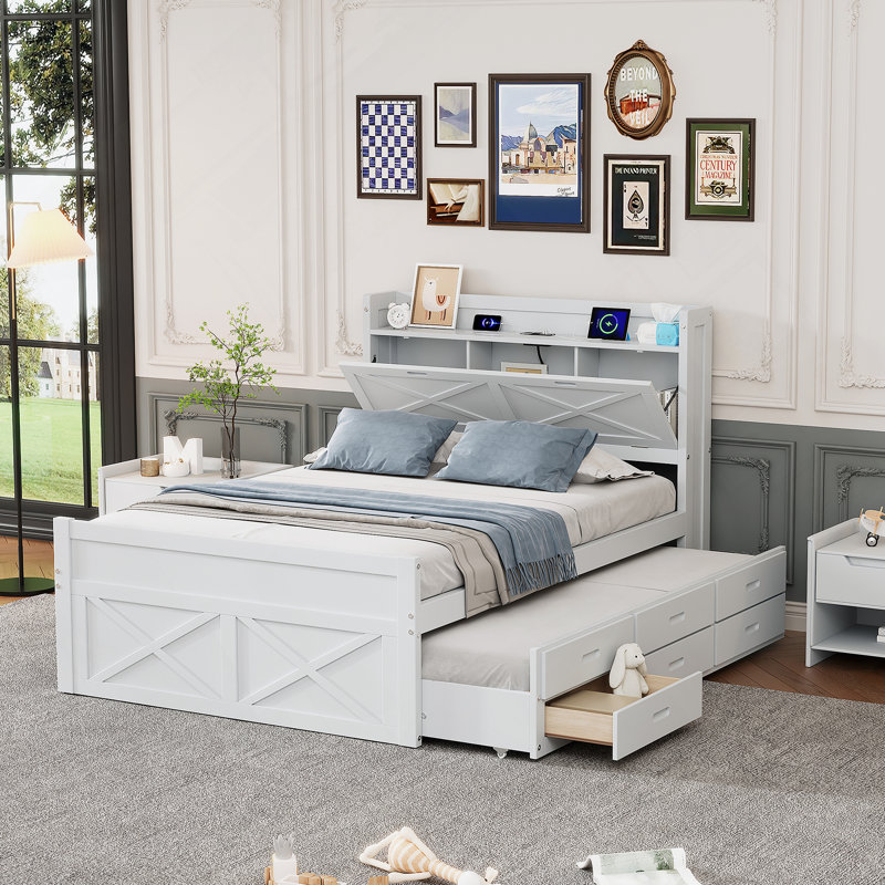 Lit double en bois avec tête de lit et prises de courant offrant confort, économie d'espace et commodité pour un sommeil réparateur