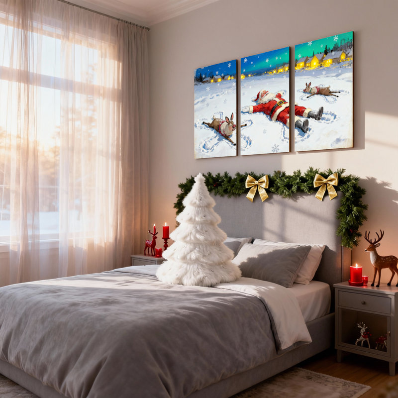 «Christmas Santa and Reindeer Snow Angel», ensemble de 3 impressions sur toile, H 18 po x l 36 po