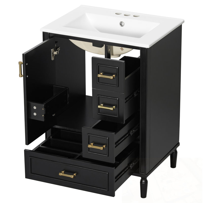 Meuble-lavabo avec lavabo, 3 tiroirs et poignées en métal, Noir