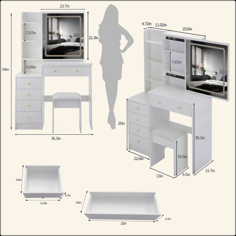 37" Middle Size Left Bedside Cabinet Vanity Table + Cushioned Stool, Large Sliding, Touch Control, Tri-Color Switching, Brightness Adjust LED Mirror, High Capacity Storage, Suitable For Middle Space