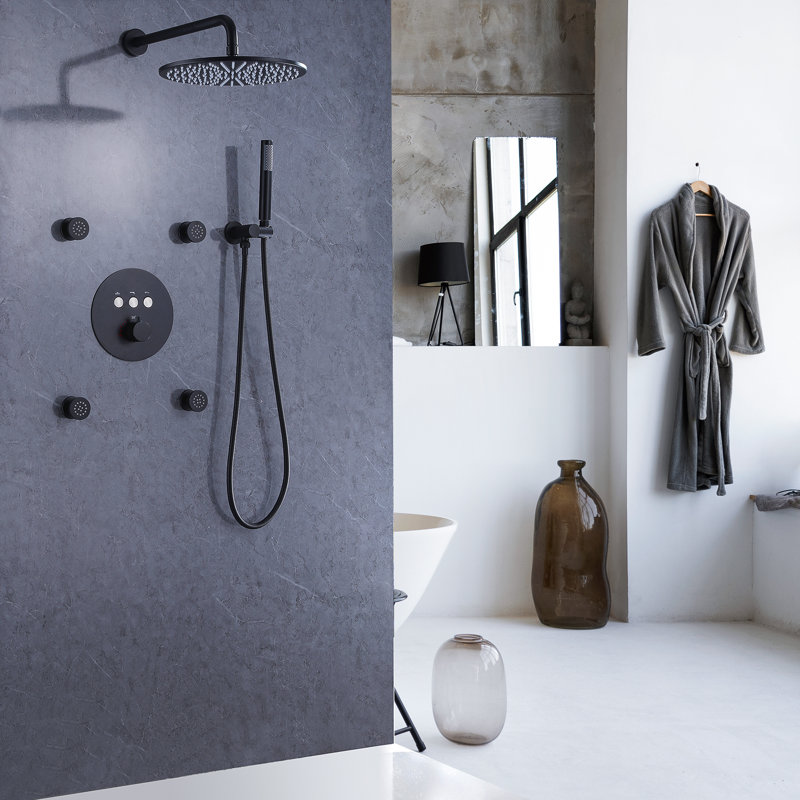 Système de douche mural multifonctionnel avec jets de corps et valve brute, Noir mat