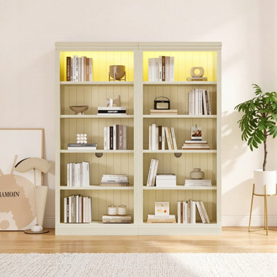Ensemble de bibliothèque à 5 niveaux DEL, structure en bois massif, 55 lb / tablette, tablettes réglables et éclairage intégré
