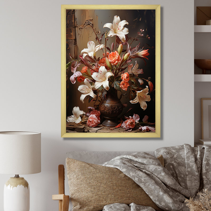 Fleurs brunes rétro nature morte, Cadre doré simple, H 32 po x l 16 po x P 1 po