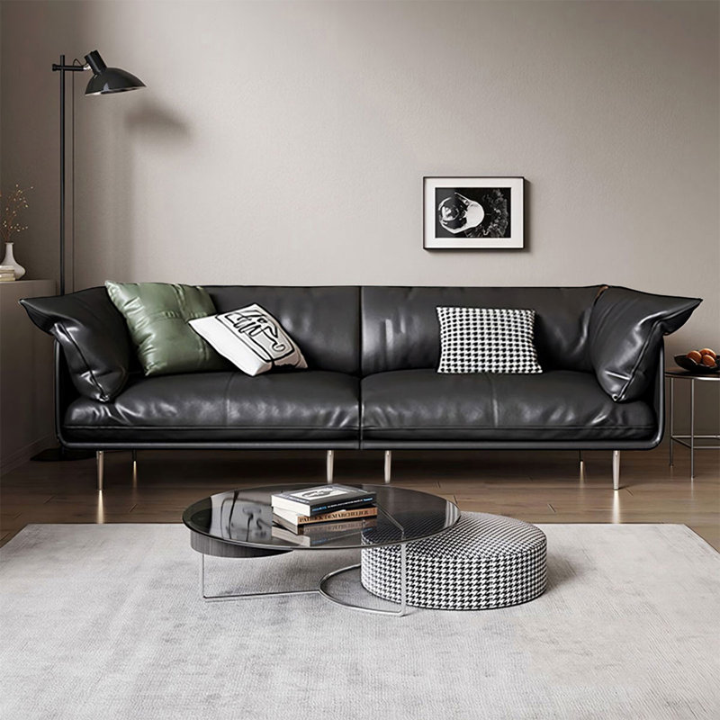 Canapé modulaire noir en cuir véritable, H 33,07 po x l 94,49 po x P 37,4 po, Noir