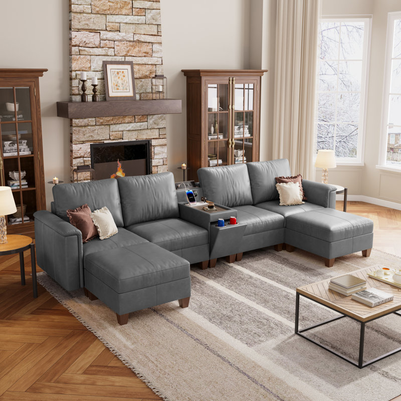 Canapé modulaire en forme de U de 132 po de largeur à 132 places avec console et rangement, gris, Grey Faux Leather