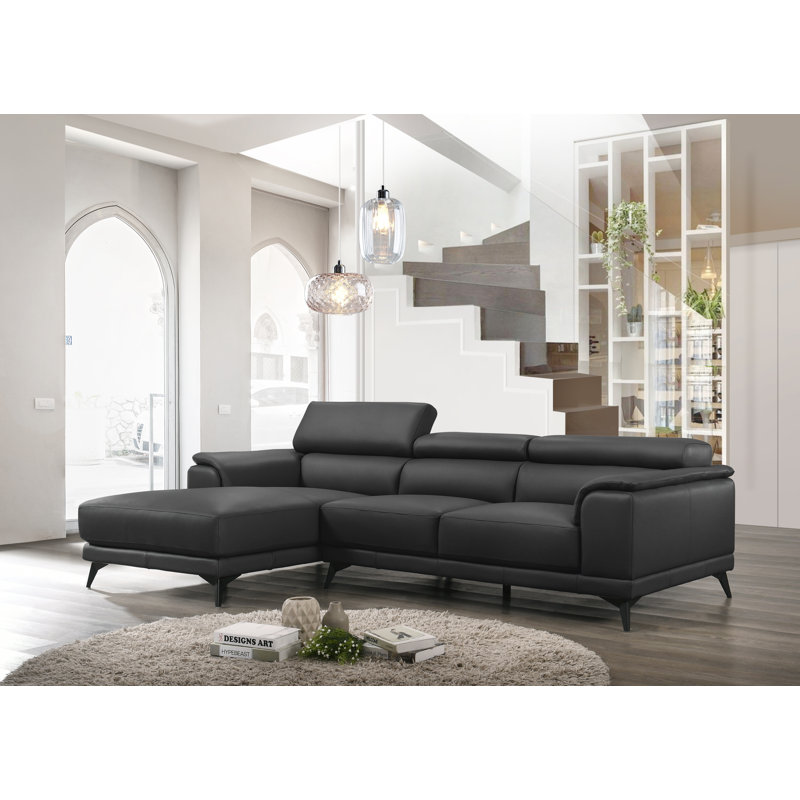 Mahowny Upholstered L-Shaped Sectional, Left Hand Facing, Black Genuine Leather