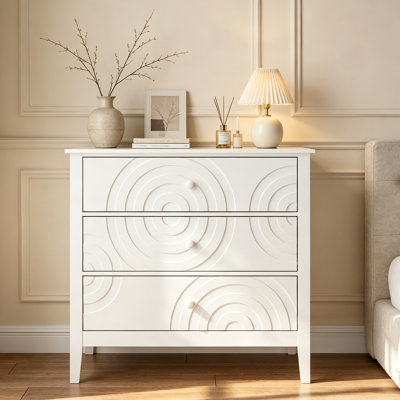 Commode à 3 tiroirs de 81 cm de large, style géométrique moderne, avec façades de tiroirs décoratives, idéale pour la chambre, le salon et l'entrée.