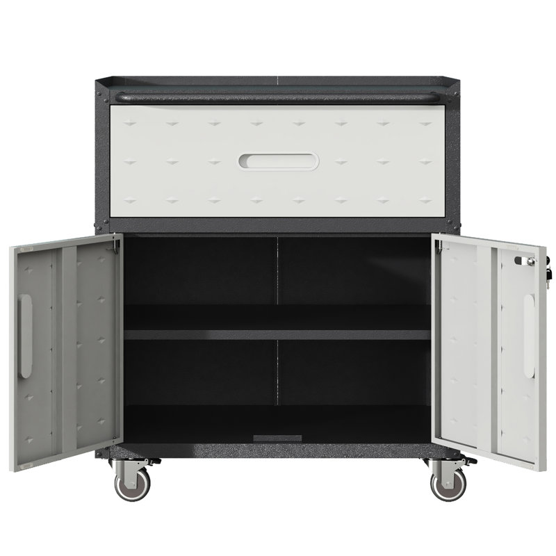 Armoire à outils roulante en métal - l 29,95 po x P 16,68 po x H 34,07 po, 1 tiroir, 2 portes verrouillables, unité de rangement noire et grise avec roues