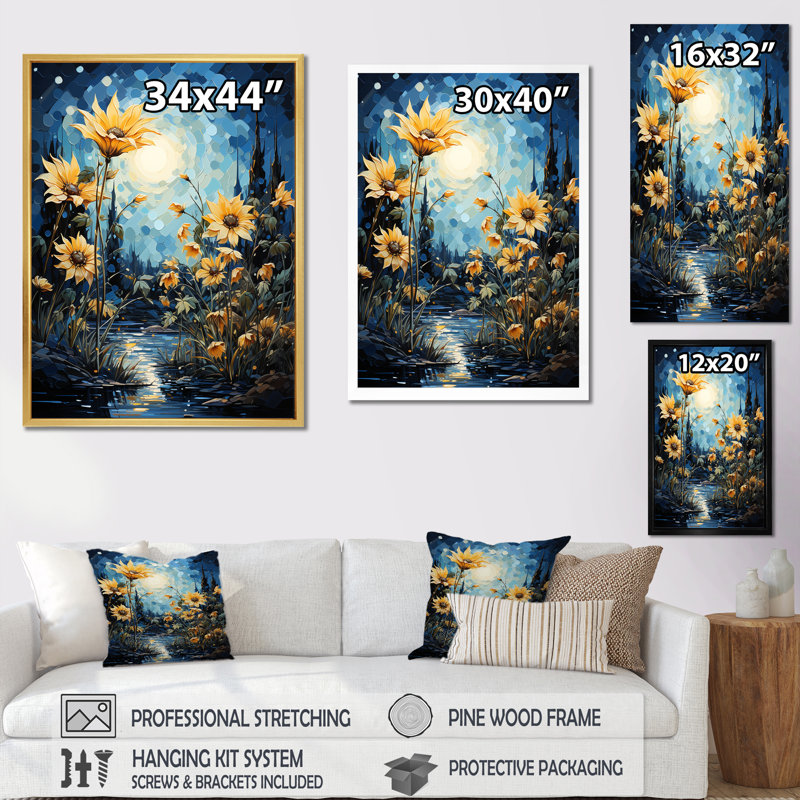 Expressionniste énergie tournesols sur toile, Cadre naturel flottant, H 20 po x l 12 po x P 1 po