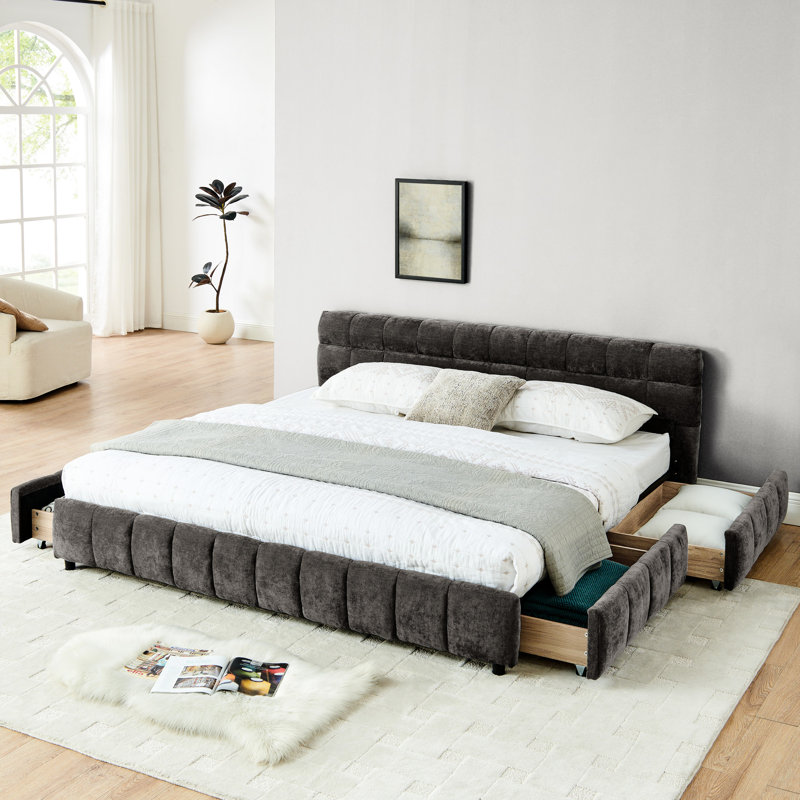 Très grand lit confortable avec tête de lit tapissier et tiroir efficace - Tissu chenille confortable gris foncé, Gris foncé