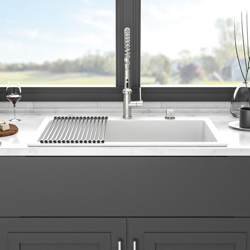 33X22" Drop - Quartz Kitchen Sink, Thick Composite, Quiet, Non Porous To Keep Neat, Smooth For Easy Wipe Off, Comes With Strainers And Bottom Grid Reduce Mess, Clean Up, Assembly