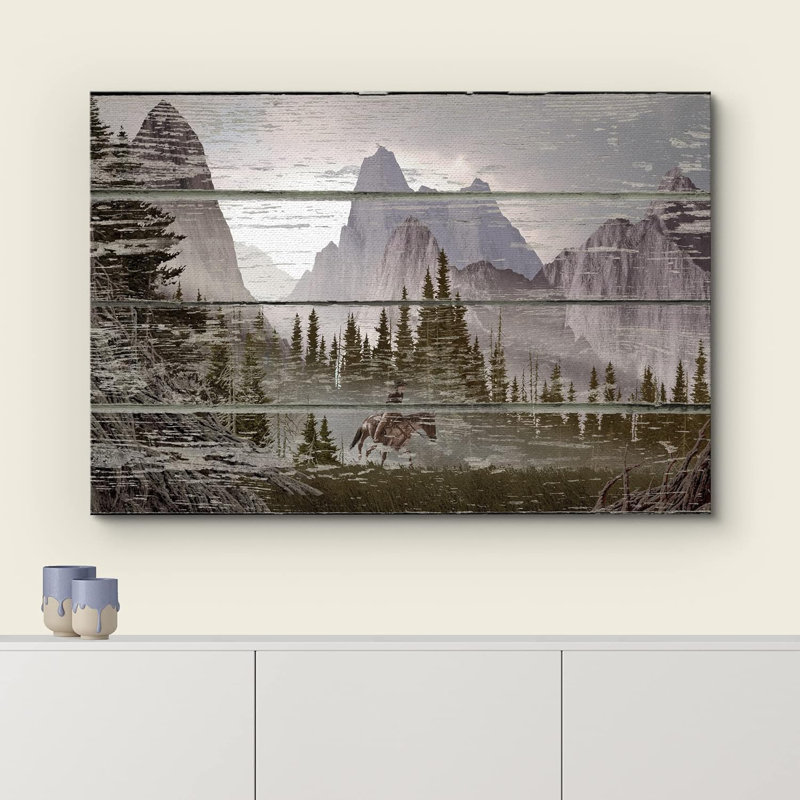 Western Wood Effect Landscape " Rustic Mountain Forest Scenery Western Cowboy On A Wood Effect Background Farmhouse Country Decor "