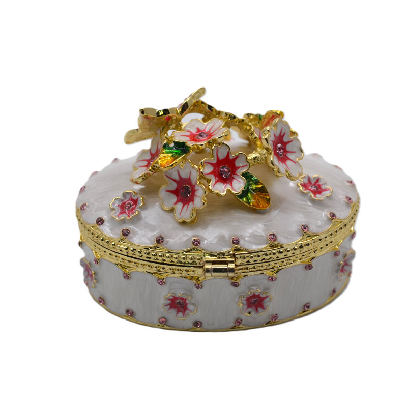 Boîte à bijoux ovale à motif floral et papillon avec émail et cristaux autrichiens