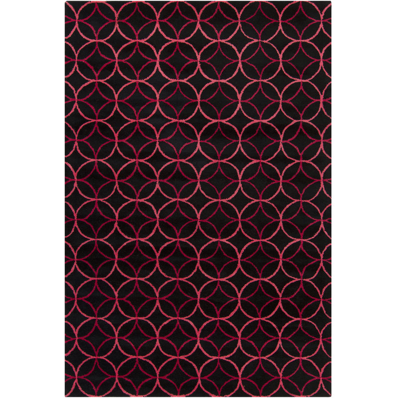 Borset Authentic Handmade Hand-Tufted Black, Pink & Crimson Geometric Circles and Stars Indoor Area Rug, 8' x 10'