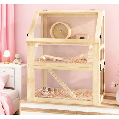 Cage à hamster en bois à 3 niveaux avec fond amovible