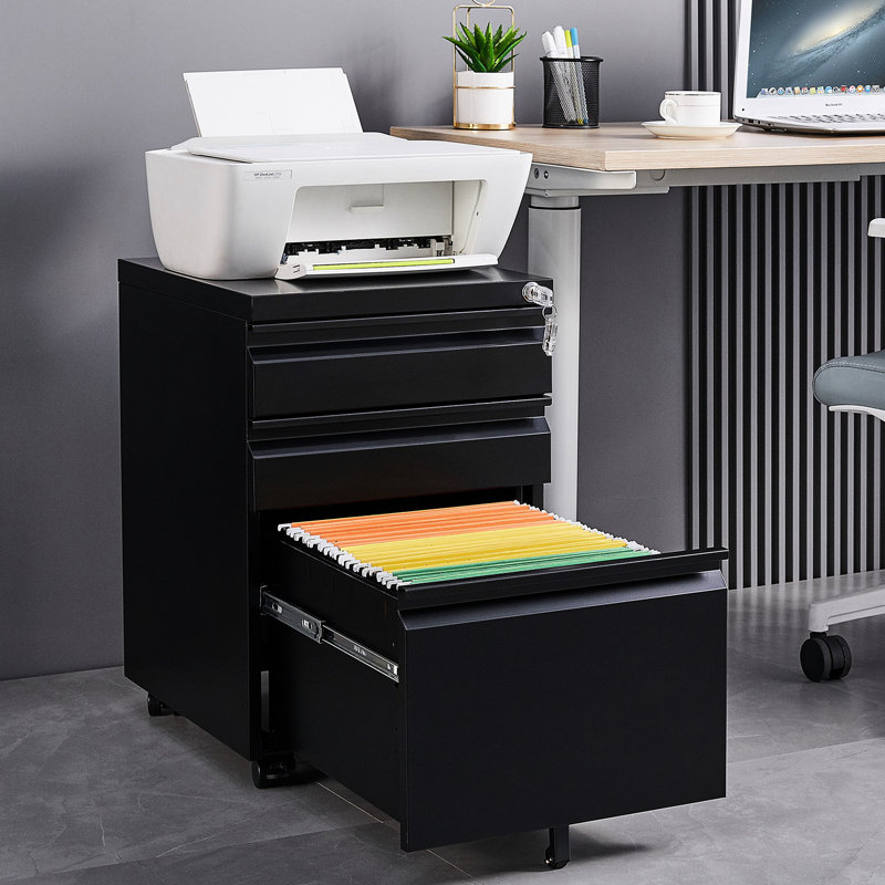 Black 3 - Drawer Mobile Filing Cabinet, Office Solution With Lock, 2 Stationery Drawers, 1 Pencil Tray, File For Letter/A4 Hanging Folders, Removable Rods, 5 Mobility, Tipping Design Cabinet Office,