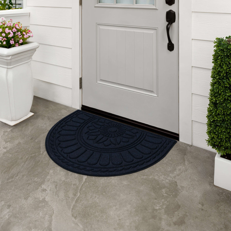 Amoura Geometric Tiled Medallion Recycled Rubber All Weather Non-Slip Outdoor Slice Door Mat, Blue