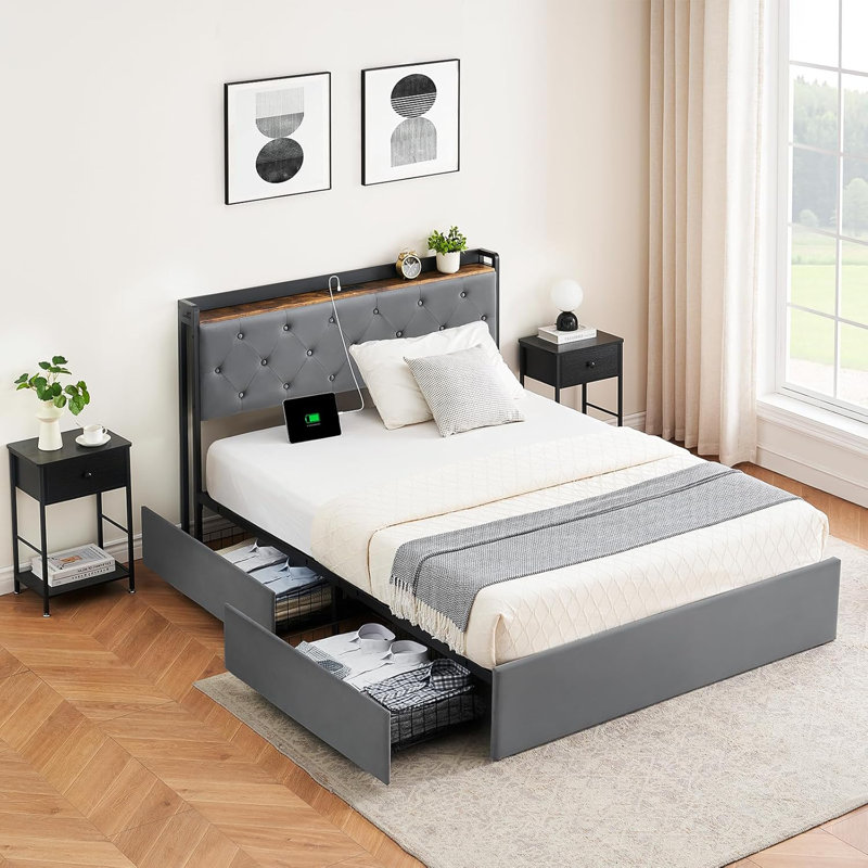 Structure de lit double en velours avec tête de lit USB, 4 tiroirs, lattes en bois, sans bruit, Lit double