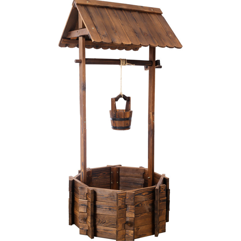 Wooden Rustic Wishing Well Planter For Yard Decor, With Hanging Bucket And Shade Resistance, 53H Outdoor Fascinate, 25X25x53 Brown
