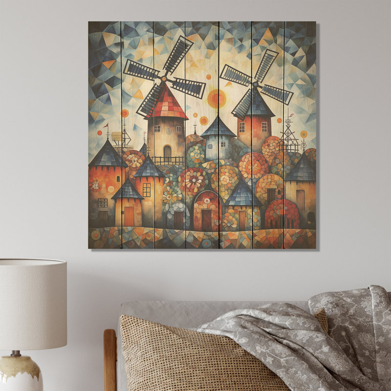 Folk Art Wind Turbines Village II - Éoliennes sur bois, H 30 po x l 30 po