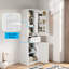Grande armoire de rangement pour salle de bain avec deux portes de taille différente et une tablette réglable, des tablettes de porte et un tiroir