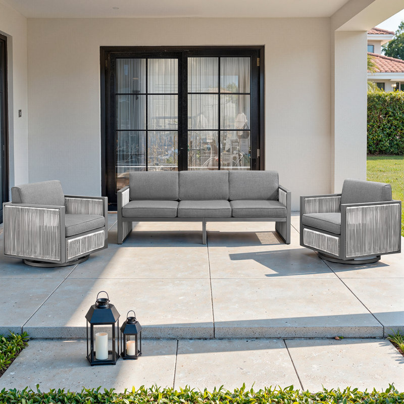 Trinie Outdoor 3-Piece PE Wicker Patio Set With Cushions, Light Gray