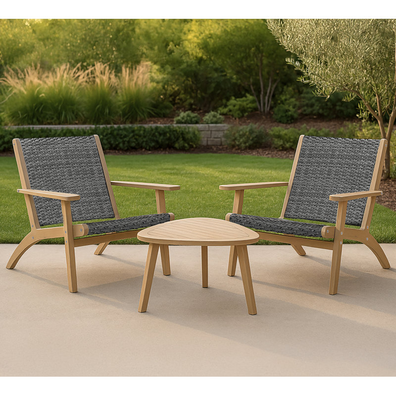 Ensemble d'extérieur 3 pièces en bois d'acacia massif et osier Goku avec 2 chaises et une table de bout, naturel / gris Goku