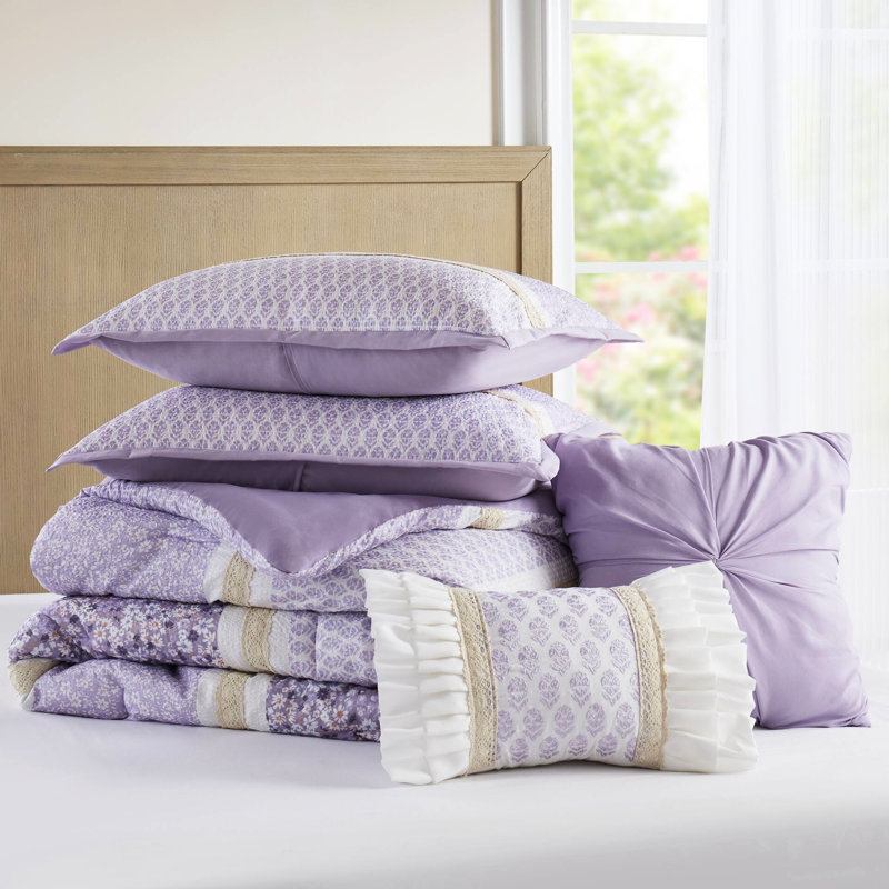 Ensemble de literie 5 pièces en seersucker double / grand avec coussins décoratifs - style floral, broderie sur les coussins, aspect couette et coussin, trois motifs, lavable à la machine
