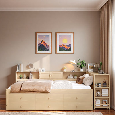 Lit de jour en bois avec tiroirs de rangement, tablettes latérales, bureau et lit gigogne