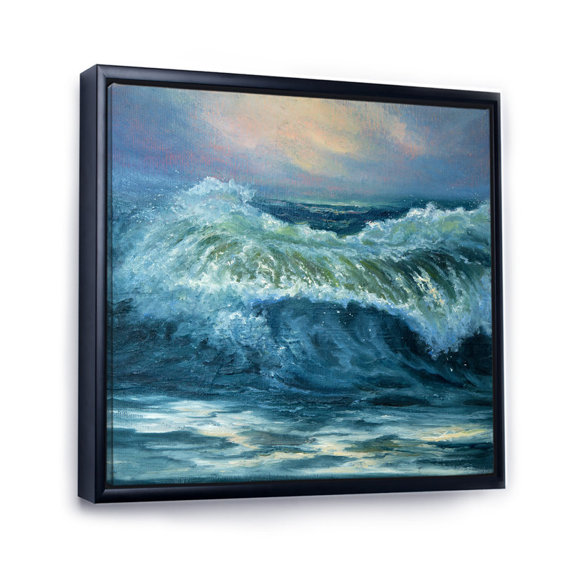 " Wild Blue Ocean Waves XIX ", 16" H x 16" W x 1" D, Black Floater Framed Canvas
