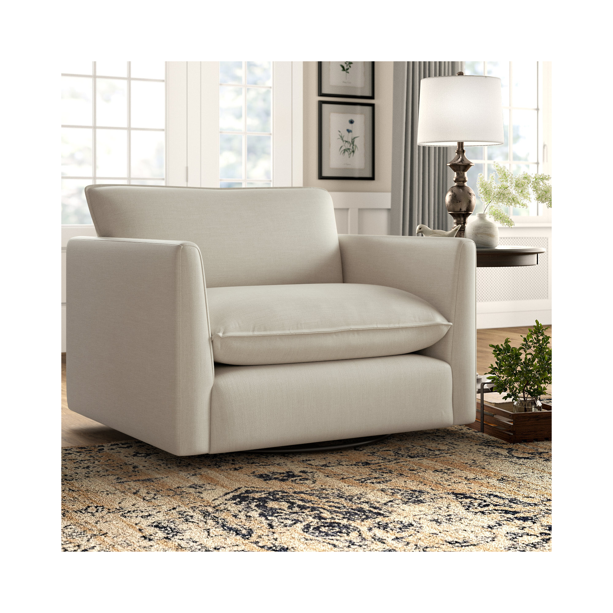 Roselare 45" W Oversized Swivel Armchair, Effie Linen Performance Linen