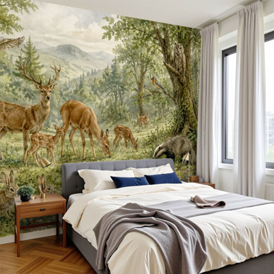 Peel and Stick Wallpaper Peaceful Woodland Scene Deer Foxes Forest Animals Pastel Colors Wall Murals 100"H x 144"W Removable PVC Wall Paper Self-Adhesive Wall Decor for Bedroom Living Room Home Office