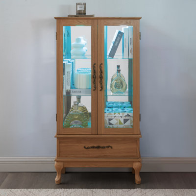 Lighted Curio Cabinet - Elegant Glass Display Cabinet With Adjustable Shelves, 2 Doors, And 1 Drawer - Wine Storage Sideboard With Included Bulb