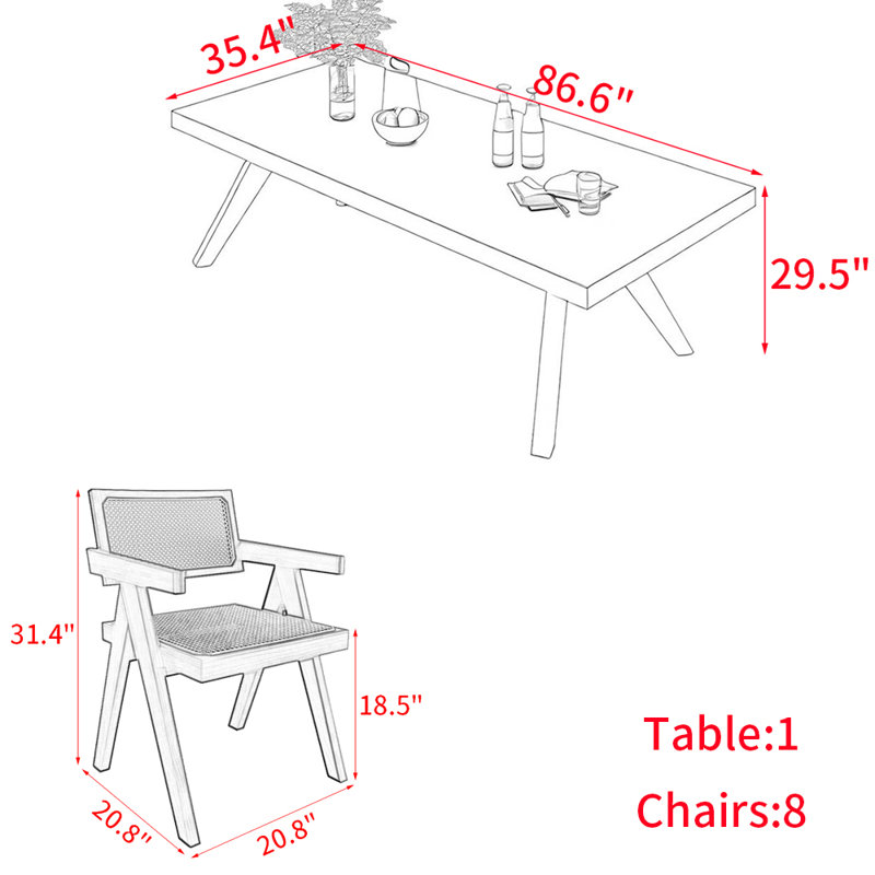 Modern rectangular solid wood dining table set, 29.5"H x 86.6"L x 35.4"W