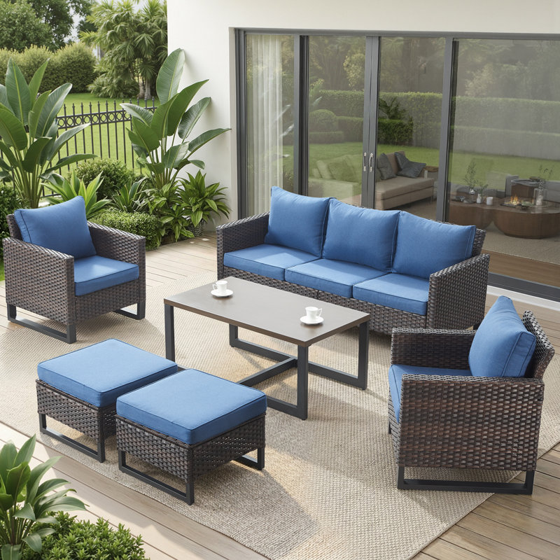 Ensemble de conversation pour patio pour 5 personnes avec coussins, Bleu, Brun