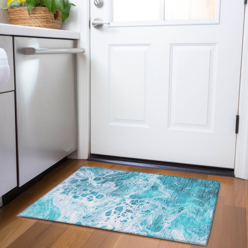 Machine Washable Indoor/Outdoor Cinead ACN1705 Teal Rug, Rectangle 1'8" x 2'6"