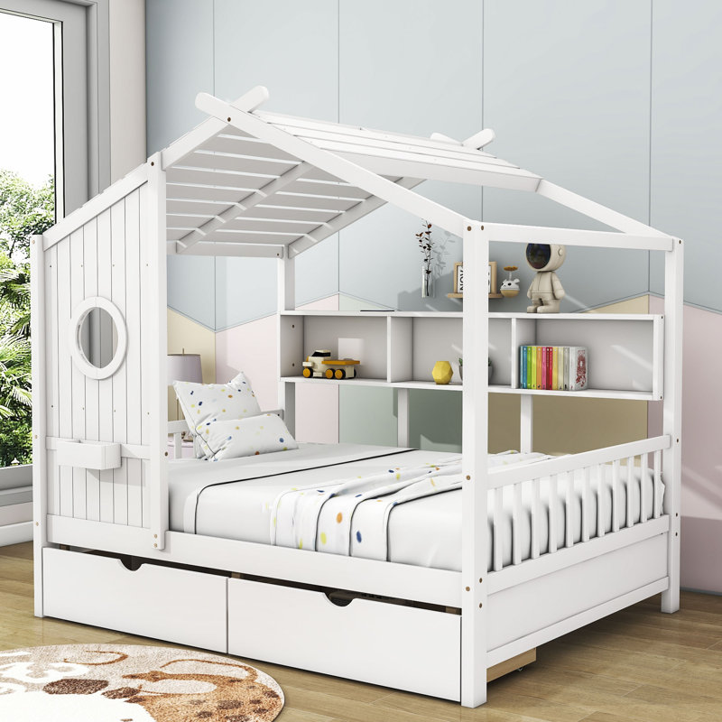 Lit plateforme en bois avec 2 tiroirs Alakai, Simple, Blanc