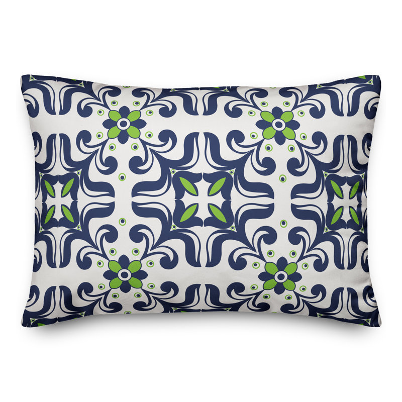 Tile Rectangular Outdoor Pillow Cover, No Fill, Off White/Navy/Green