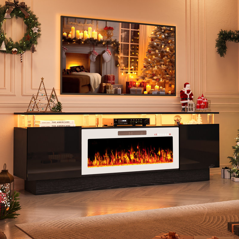 2 Tier High 70" Gloss Tv Stand With Electric Fireplace, Black/White