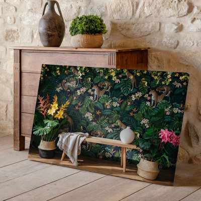 Canvas A Vibrant Jungle Themed Interior Scene Featuring A Dark Floral Wall Art Wallpaper Adorned With Leopards And Colorful Toucans Canvas Wall Art