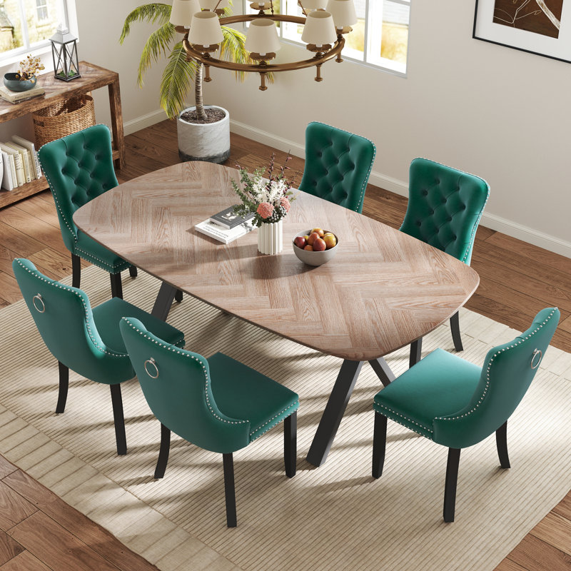 Rectangle Dining Set with Tufted Dining Chair, 29.5"H x 71"L x 35.4"W, Green