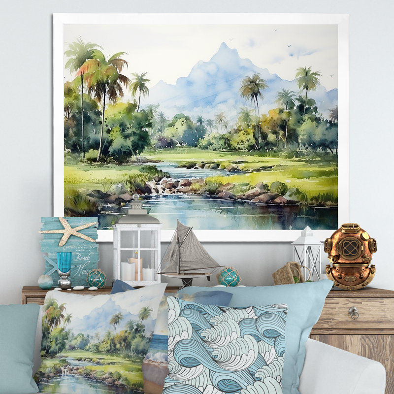 Paysage indonésien - Art mural Indonésie, H 12 po x l 20 po x P 1 po, Cadre d'angle fermé blanc