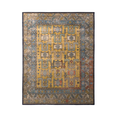 Hand-Knotted Classic Rug Gold Blue Geometric Pattern