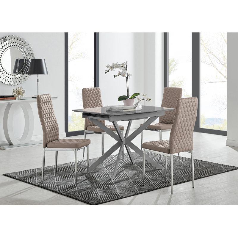 Eubanks Modern High Gloss Extendable Dining Table Set with Luxury Faux Leather Dining Chairs, Cappuccino, 4