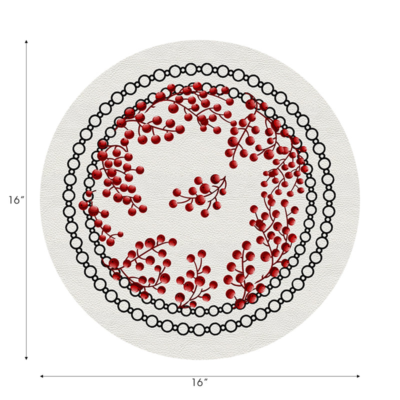 Christmas Berries Vegan Leather Round Pebble Placemat, Red White