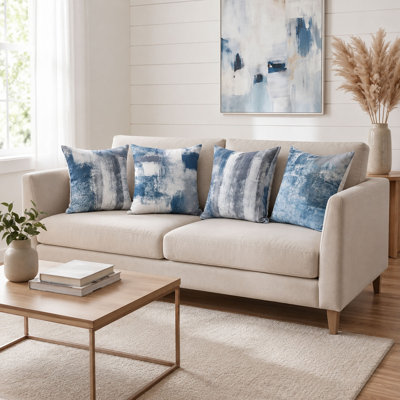 Set of 4 Blue and Grey Abstract Art Pillow Covers, 18 x 18 Inch