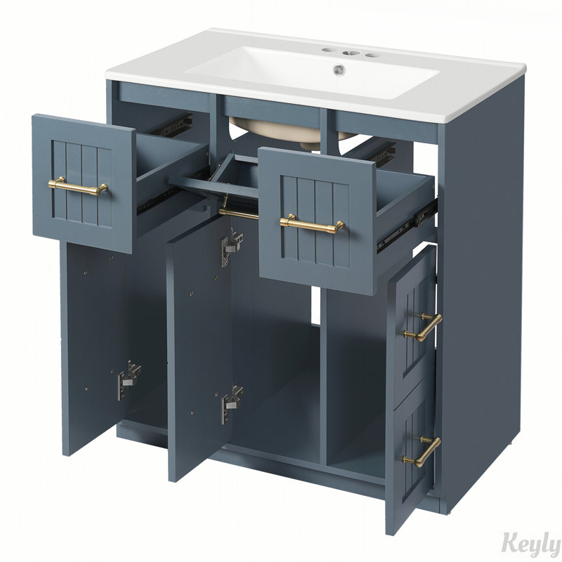 Meuble-lavabo de 30 pouces avec lavabo encastré, tiroirs à fermeture en douceur et rangement escamotable pour une fonctionnalité accrue