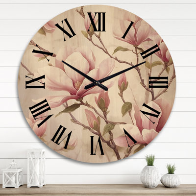 Pink Green Magnolias Elegance Landscape - Magnolias Oversized Wood Wall Clock