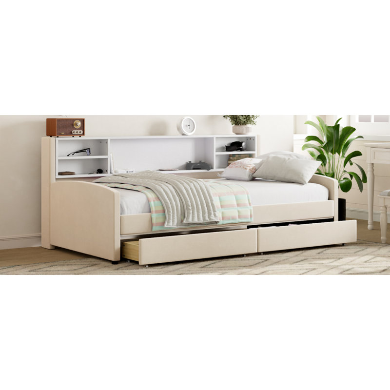 Lit plateforme simple tapissier avec rangement et tiroirs, beige, Beige